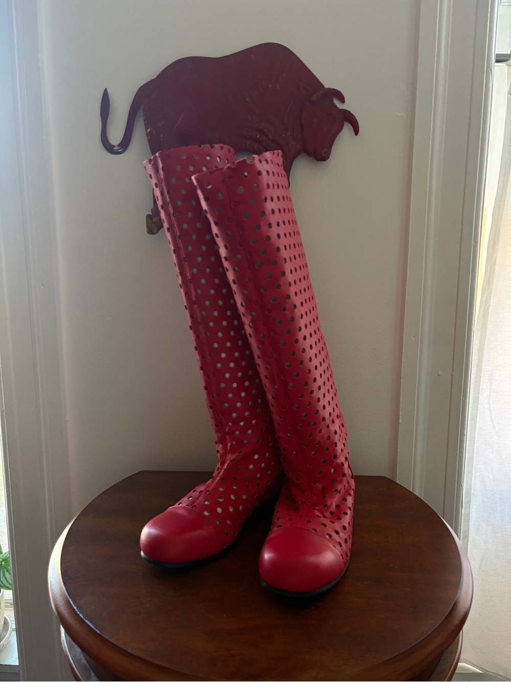 Comme des Garcons Red Perforated Knee-High Heeled Boots